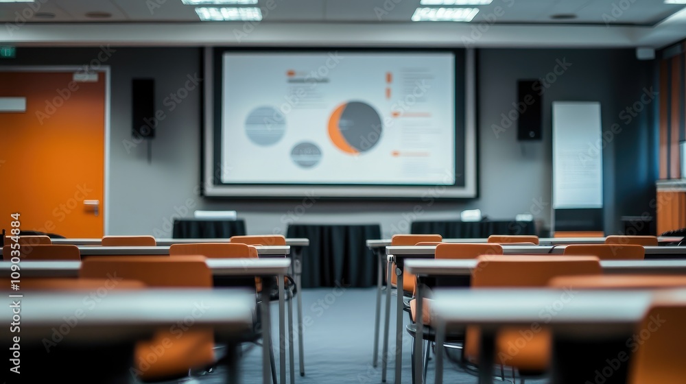Aufkleber modern conference room with empty chairs and presentation screen displaying business data and charts