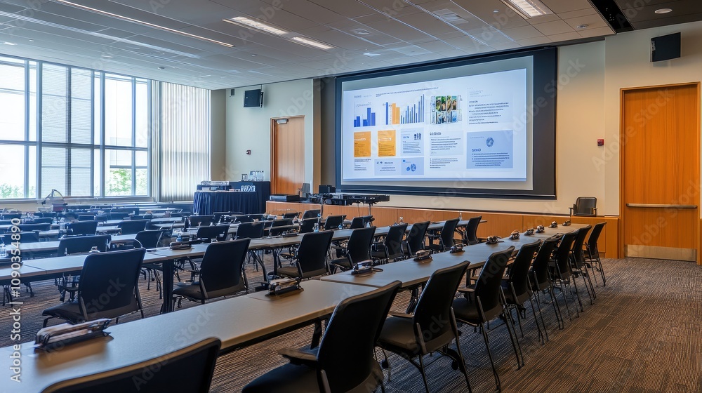 Poster spacious modern conference room with rows of chairs and a large screen displaying informative graphi