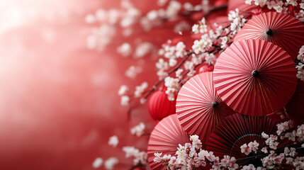 Elegant arrangement of red paper umbrellas with floral accents, perfect for Chinese New Year decorations, celebrations, or festive events that require a minimalist touch.