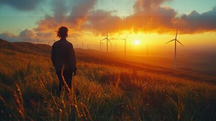 Fototapeta premium 4K hyper-detailed image of a wind farm at sunrise, with rotating blades and lush green fields, perfectly capturing clean energy.