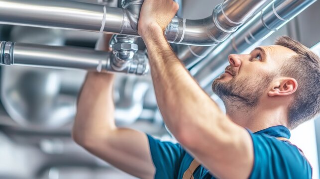 A focused image of a plumber installing piping systems in a commercial kitchen renovation, Plumbing installation scene, Practical and precise style