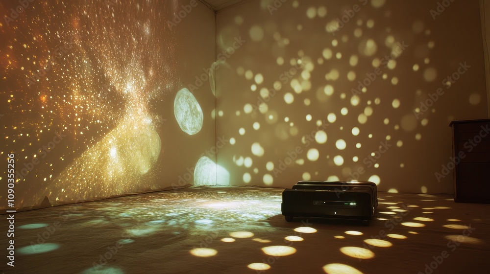Poster captivating light show in an empty room with colorful projections creating a magical ambiance for ar