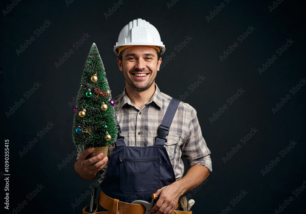 Poster cheerful builder engineer in white helmet holds new year tree in hand and enjoys holiday. generative