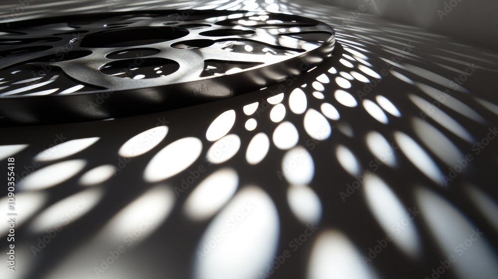Poster artistic play of light and shadow created by a circular metallic object casting intricate patterns o
