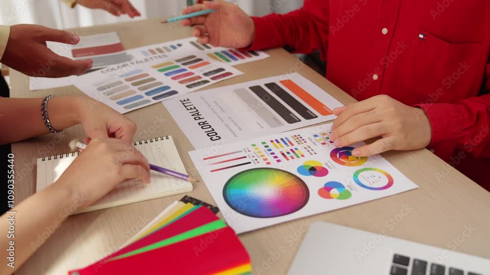 Poster hand closeup of designer team brainstorming and choosing color for graphic design working or client 