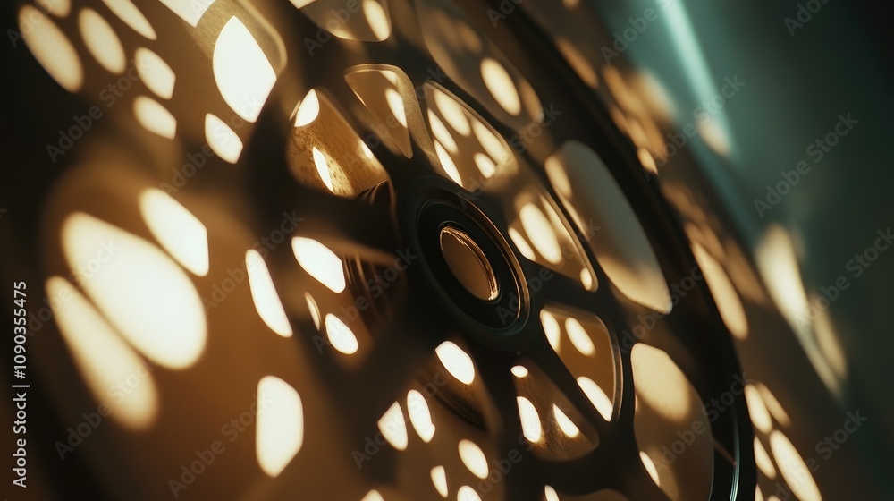 Poster close-up of a decorative film reel with intricate cut-out patterns casting unique shadows and light 
