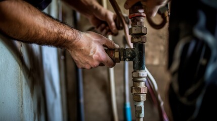 A focused image of a plumber repairing water pipes in a residential renovation project, Plumbing repair scene, Practical and precise style