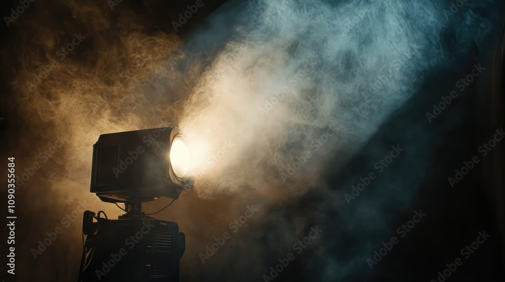 Poster mysterious light beam illuminating a foggy atmosphere from a vintage spot light with soft shadows in