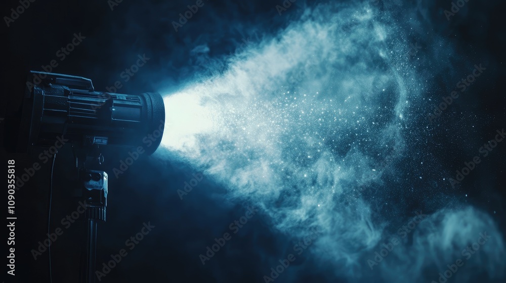 Poster dramatic light beam illuminating particles in the air with a mystical fog creating a stunning visual