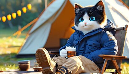 キャンプを楽しみながらビールを飲む猫