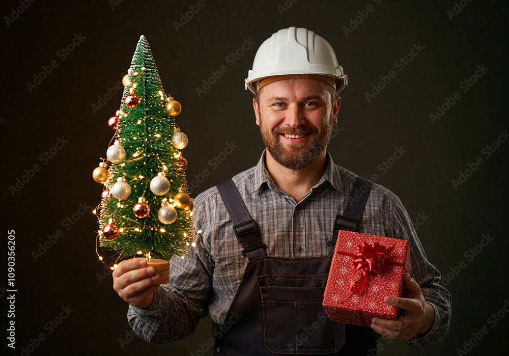Poster cheerful builder engineer in white helmet holds new year tree in hand and enjoys holiday. generative