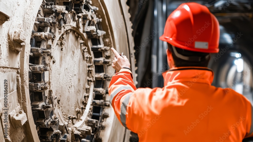 Poster a focused image of a tunnel engineer examining tunnel boring machine progress underground, tunnel bo