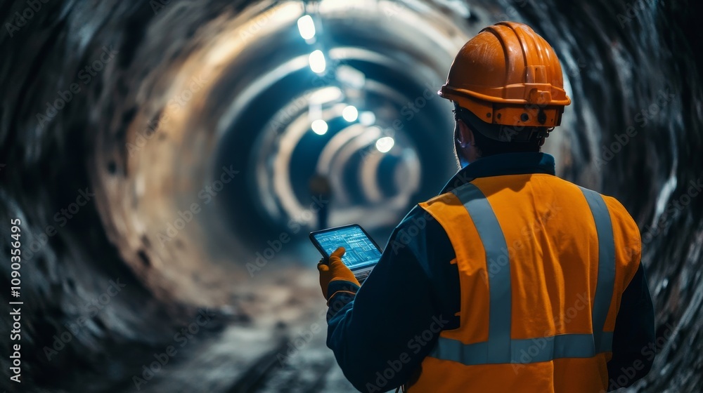 Poster a focused image of a tunnel engineer examining tunnel excavation progress underground, underground t