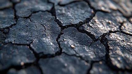 Obraz premium Extreme close-up of cracked, dark earth; dry, arid land texture; drought, desertification concept.