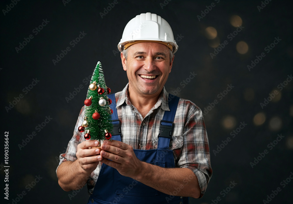 Poster cheerful builder engineer in white helmet holds new year tree in hand and enjoys holiday. generative
