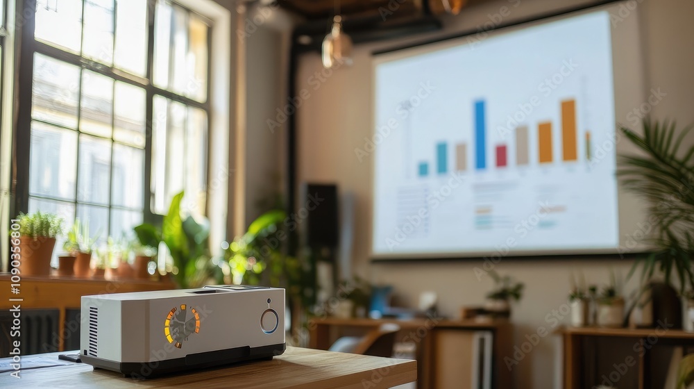 Aufkleber modern office meeting space with projector displaying colorful bar graphs and charts, creating a pro