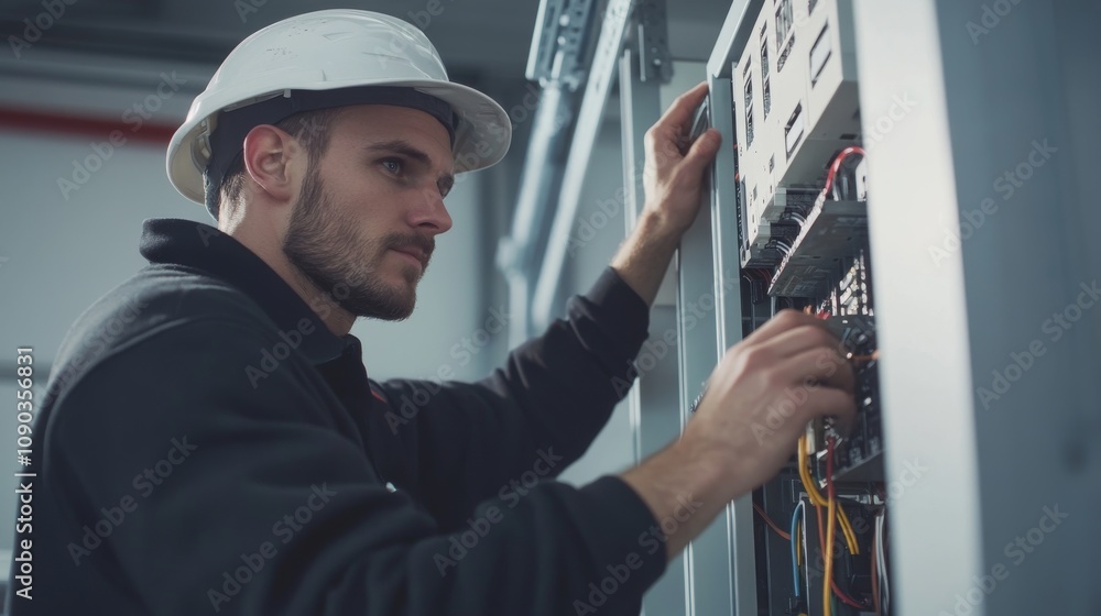 Poster a focused image of an electrician installing electrical panels in a new office building, electrical 