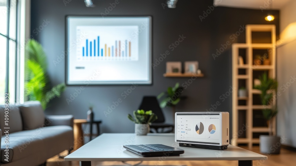 Aufkleber modern office workspace featuring a sleek computer monitor displaying data analysis charts, indoor p