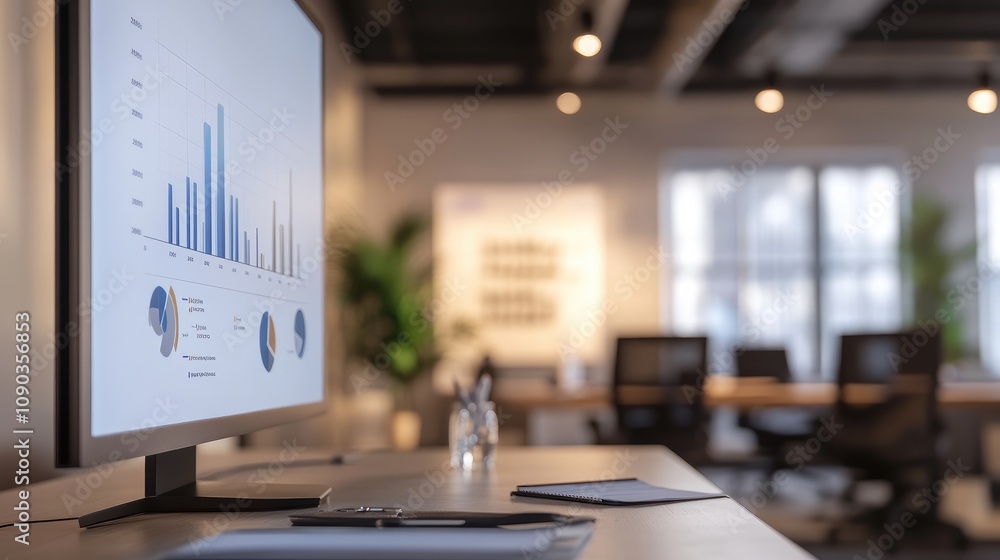 Poster modern office workspace with desktop computer displaying business graphs and charts, focus on data a