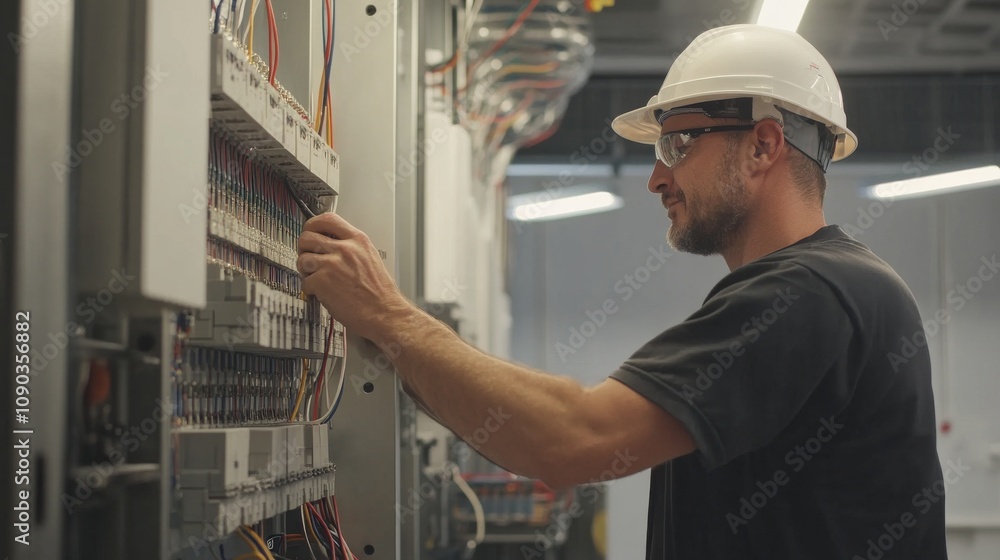 Poster a focused image of an electrician installing electrical panels in a new office building, electrical 