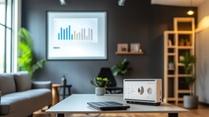 Modern office workspace featuring a sleek computer monitor displaying data analysis charts, indoor plants, and stylish furniture highlighting a contemporary design aesthetic