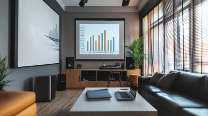 Fototapeta premium Modern Living Room with Projector and Bar Graph Displaying Financial Data in a Cozy Environment with Natural Light and Stylish Furniture