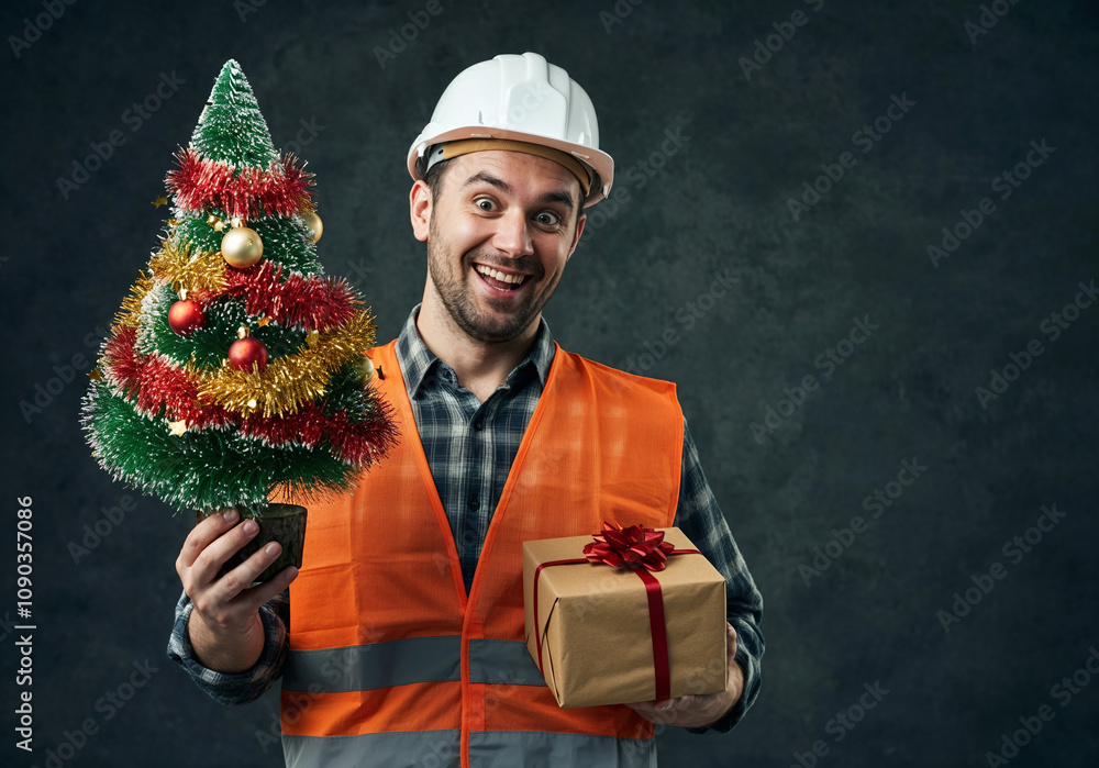 Poster cheerful builder engineer in white helmet holds new year tree in hand and enjoys holiday. generative