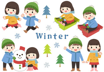 Naklejka premium 冬に雪遊びをする子供たちのイラストアイコンセット