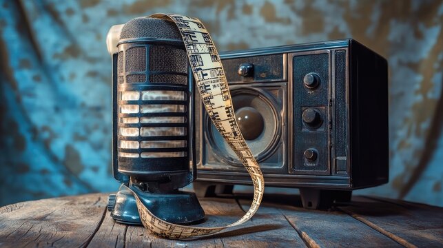 Vintage Radio and Microphone with Film Strip on Wooden Table Reflecting Nostalgia of Early 20th Century Broadcasting and Entertainment History