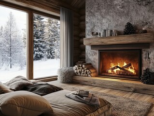 Fototapeta premium Cozy Cabin Bedroom Winter Fireplace Snow View