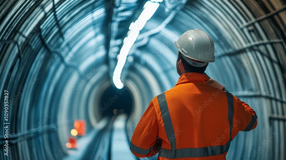 Poster a focused portrait of a tunnel engineer checking tunnel reinforcement at a subway tunnel expansion, 