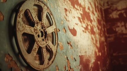 Obraz premium Vintage Film Reel on Rustic Wall, Exploring the Beauty of Decay in Cinema, Capturing Nostalgia from a Bygone Era of Movie Magic and Storytelling