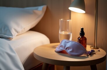 Bedside setup with a pink silk sleep mask, lavender sprigs in a glass vase, and a bottle of essential oil, illuminated by warm light, promoting relaxation and a sleepmaxxing routine