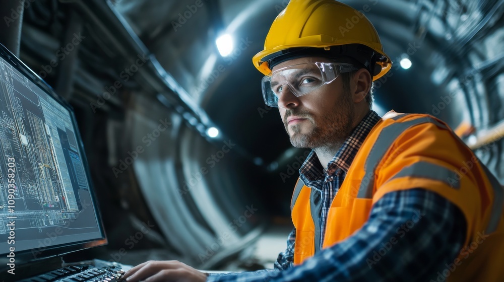 Poster a focused portrait of a tunnel engineer monitoring tunnel boring machine progress underground, tunne