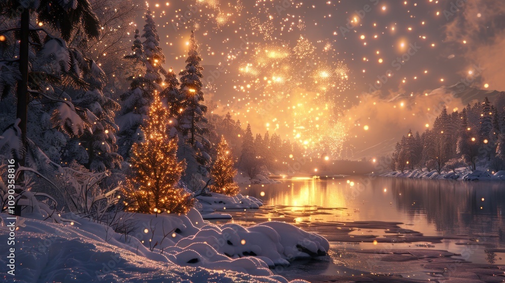 Poster a snowy forest with a river and a beautiful fireworks display in the background.