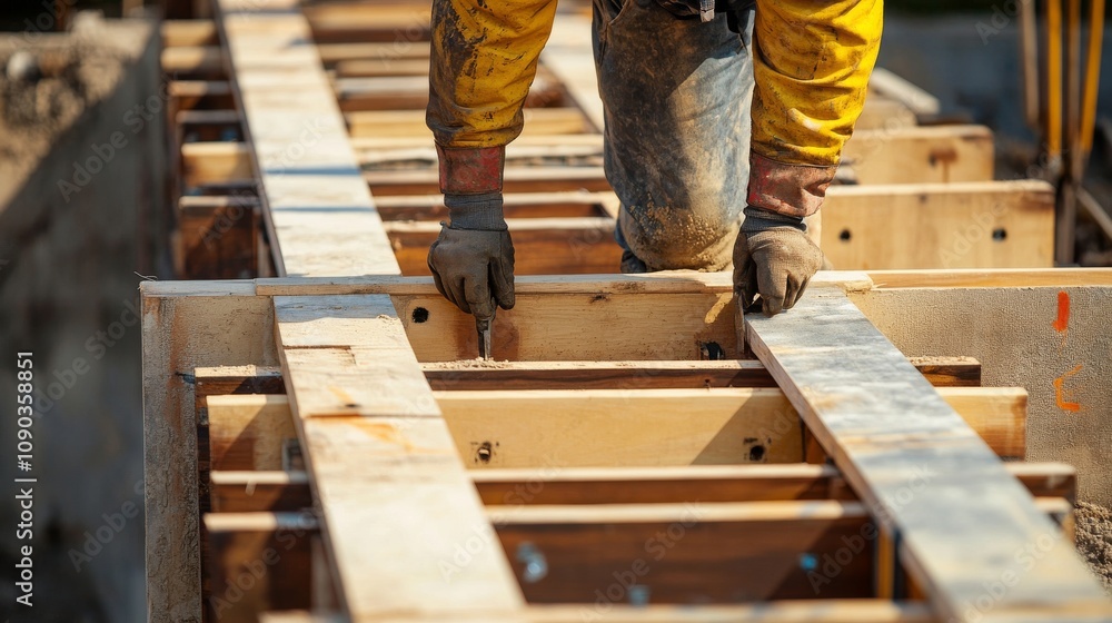 Poster A focused shot of a carpenter assembling wooden formwork for a building foundation, Formwork construction scene, Skilled and meticulous style