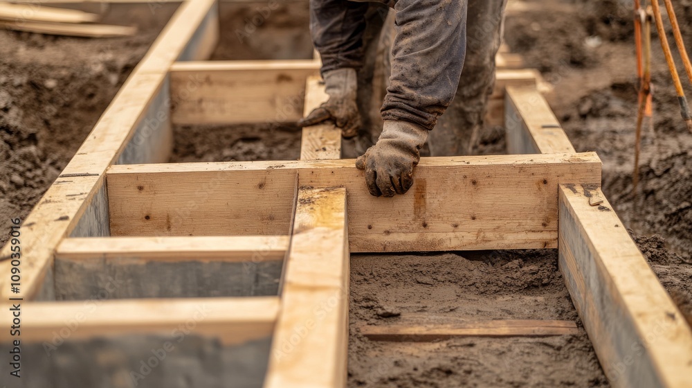 Poster A focused shot of a carpenter assembling wooden formwork for a building foundation, Formwork construction scene, Skilled and meticulous style