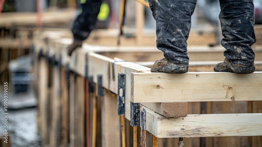 Aufkleber a focused shot of a carpenter assembling wooden formwork for a building foundation, formwork constru