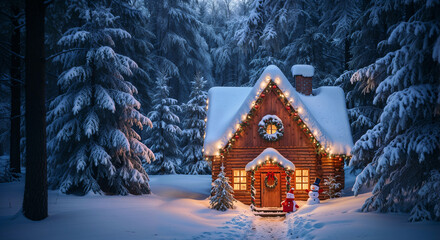 cute and cozy house in the winter forest decorated for Christmas, lights, wreaths and lights around. Generative AI