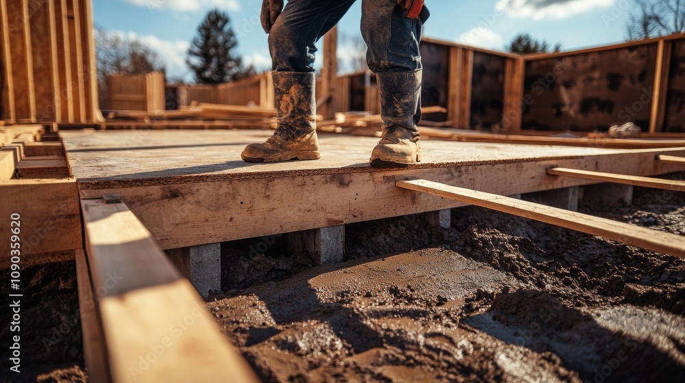 Poster A focused shot of a carpenter installing formwork for a building foundation, Formwork installation scene, Skilled and meticulous style