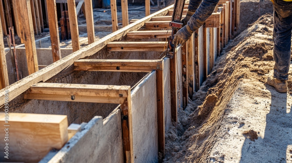 Poster A focused shot of a carpenter installing formwork for a building foundation, Formwork installation scene, Skilled and meticulous style