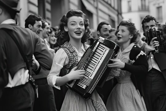 Fototapeta A young woman plays an accordion in a crowd of people
