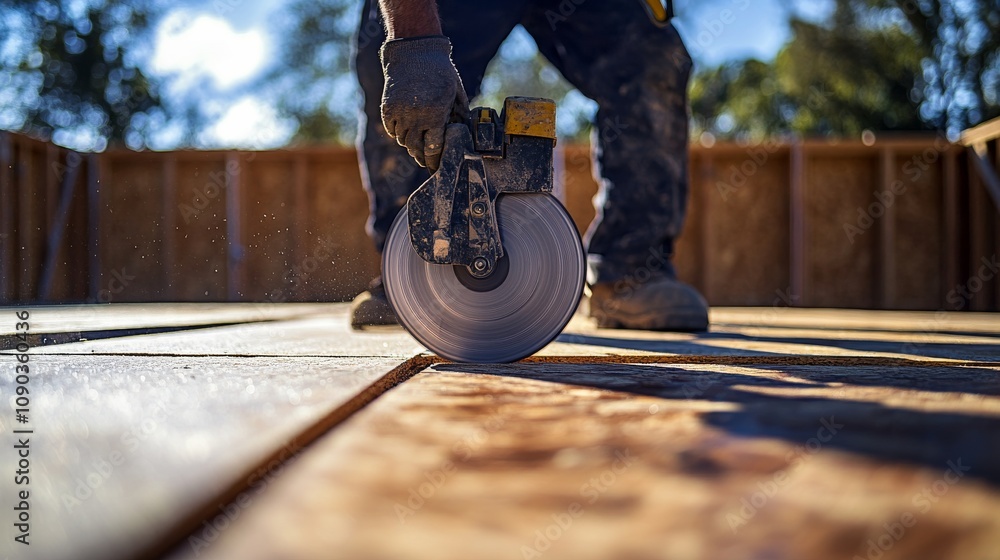 Poster a focused shot of a carpenter using a circular saw to cut timber beams on a construction site, timbe