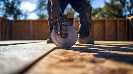 A focused shot of a carpenter using a circular saw to cut timber beams on a construction site, Timber construction scene, Skilled and precise style