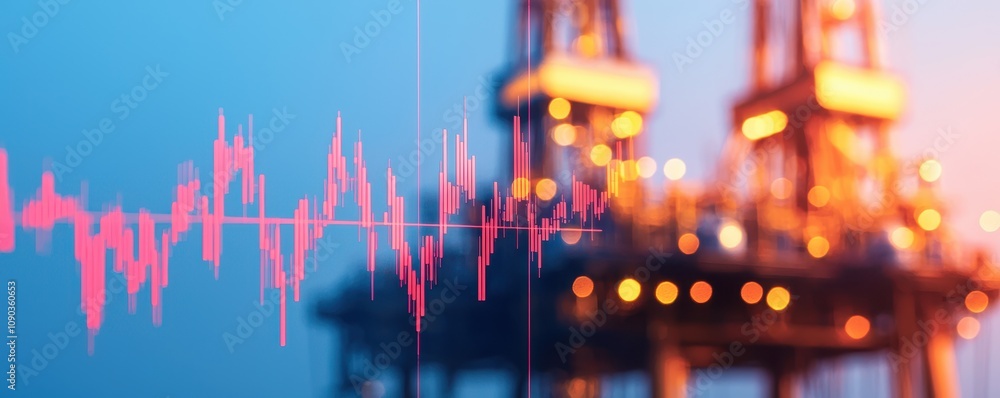 Poster a vibrant image showing an oil rig with waveforms, illustrating the connection between energy produc