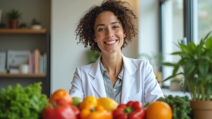 A woman with curly hair wears a lab coat and smiles as she sits in a well-lit kitchen surrounded by a variety of colorful fruits and vegetables, promoting healthy eating
