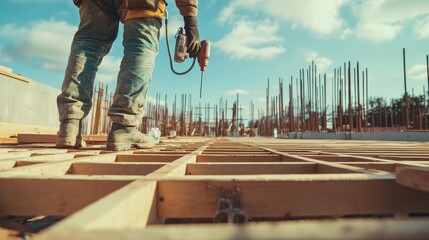 A focused shot of a carpenter using a nail gun to assemble wooden formwork for a building foundation, Formwork carpentry scene, Skilled and meticulous style
