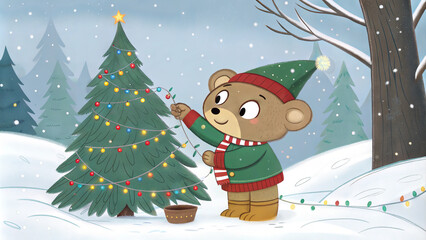 Tiny teddy bear joyfully decorating a Christmas tree in a snowy winter landscape, cute New Year's illustration for a greeting card
