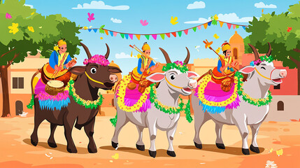 Fototapeta premium Three men riding decorated bulls in a festive procession with garlands and flags.