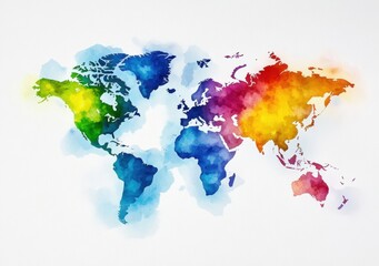 Vibrant Watercolor World Map Illustration Featuring Abstract Colors and Soft Edges for Artistic and Educational Purposes in Digital and Print Media
